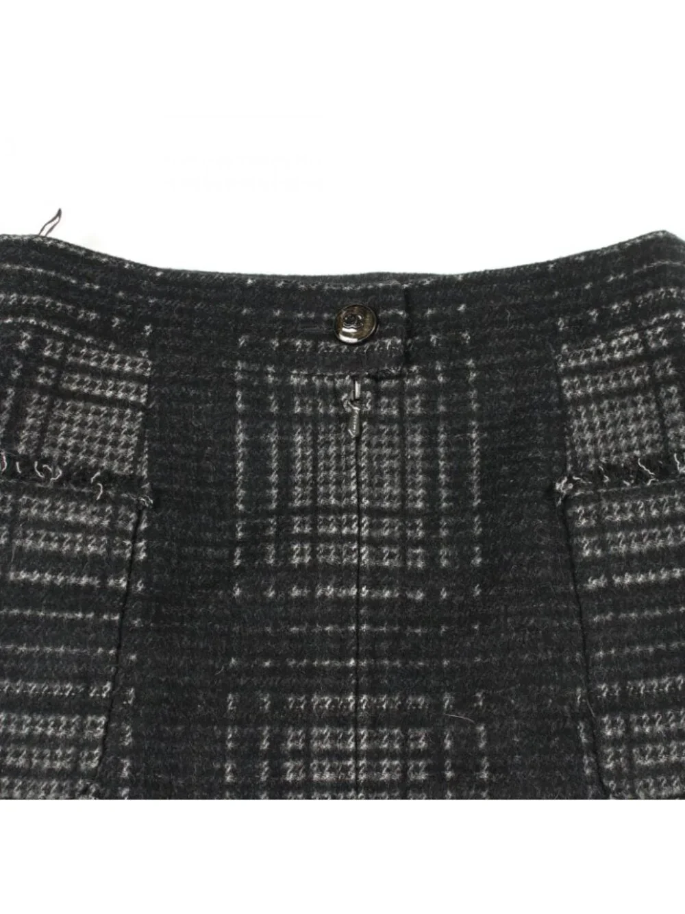Chanel Skirt CC Logo Button Plaid Black Wool Check